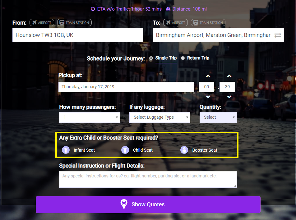 How can I select a child seat for my taxi transfers?